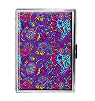 Purple Paisley Pattern Design Stainless Steel ID Cigarettes Case Holder Stylish Credit Card Wallet