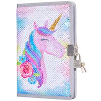 MHJY Sequin Unicorn Journal Secret Diary with Lock,Reversible Mermaid Sequin Notebook Private Journal Magic Unicorn Notebook Gifts for Girls