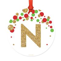 Andaz Press Family Christmas Ornament, Metal, Red Green Gold Glittering Monogram Letter N, 1-Pack, Includes Ribbon and Gift Bag