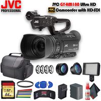 JVC GY-HM180 Ultra HD 4K Camcorder with HD-SDI (GY-HM180U) with Extra Battery, UV Filter, Close Up Diopters, Wide Angle Lens,Tripod, Padded Case, LED Light, 64GB Memory Card and More Advanced Bundle