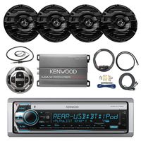 Pontoon Boat Audio Package: Kenwood Single Din Marine Bluetooth AM/FM CD MP3 USB AUX LCD Display Receiver w/Built-in Amplifier, 4X 2-Way 150 Watt 6.5" Black Speakers, 4 Channel Amplifer, Wired Remote