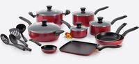 T-fal B209SI Initiatives Nonstick Inside and Out Dishwasher Safe Oven Safe Cookware Set, 18-Piece, Red