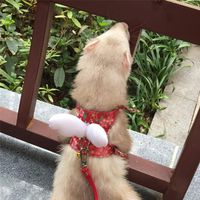 Ferret Harness and Leash Adjustable, Red Sakura Cotton Cloth Ferret Walking Vest, Soft and Breathable Ferret Lead Leash with Angel Wings and Safe Bell
