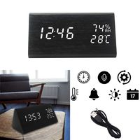 OFLILAK Wooden Digital Alarm Clock,LED Desk Clock 3 Levels Adjustable Brightness and Voice Control, Display Time Temperature Humidity with 3 Alarm Groups for Bedroom Office Home(Black)