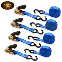 4 Ratchet Straps 1" x 15' - Motorcycle, Kayak Ratcheting Strap Tie-Downs w/Durable Polyester and Vinyl-Coated S Hooks | Tie Down Cargo Securely in Pickup Bed, Moving Truck, Trailer