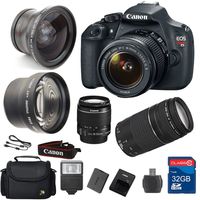Top Value Bundle for T5 DSLR Camera + 18-55mm IS II Lens + 75-300mm III Telephoto Lens + Wide Angle Lens +Telephoto Lens + 32GB Memory + Card Reader + Flash + Camera Case