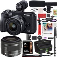 Canon EOS M6 Mark II 2 Mirrorless Digital Camera with 15-45mm f/3.5-6.3 is STM Lens and EVF Kit Black 3611C011 Bundle with Deco Gear Case + Microphone + Monopod + Filter Set + 64GB Memory Card