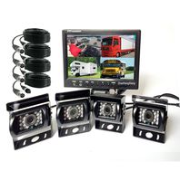 Vehicle Backup Cameras Monitor kit 4 Pin System 12V/24V,4X 18 LED IR Night Version CCD Car Reverse Rear View Camera + 9" inch LCD 4CH Split Monitor for Bus Truck Trailer Caravan Camper RV