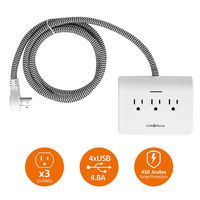 Link2Home Surge Protector, 5ft Extension, 3 Outlets Strip, 4 Ports, 4.8A USB, Braided Cable with Low Profile Plug, EM-TXC200B Fabric Cord Power Dock, 1pk, White/Black