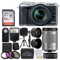 Canon EOS M6 Mirrorless Digital Camera with 18-150mm Lens (Silver) + 64GB Memory Card + Wide Angle & Telephoto Lens + Medium Gadget Bag + Quality Tripod + Slave Flash + UV Filter Kit - Ultimate Bundle