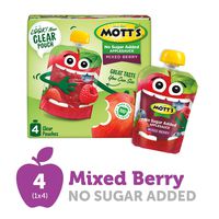 Mott's No Sugar Added Mixed Berry Applesauce, 3.2 Ounce Clear Pouch, 4 Count, Perfect for on-the-go, No Added Sugars or Sweeteners, Gluten Free and Vegan