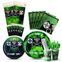 WERNNSAI Video Game Party Tableware Set - Game Theme Party Supplies for Boy Game Players Geeks, Includes Cutlery Bag Table Cover Plates Cups Napkins Straws Utensils Serves 16 Guests 146 PCS