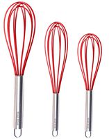 Silicone Whisk Set of 3 - Stainless Steel & Silicone Non-Stick Coating - Colored Balloon Egg Beater for Blending, Whisking, Beating, Frothing & Stirring (12-inch, 10-inch & 8.5-inch) (Red)