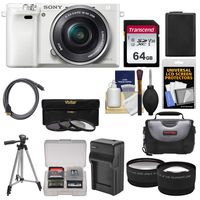 Sony Alpha A6000 Wi-Fi Digital Camera & 16-50mm Lens (White) with 64GB Card + Case + Battery/Charger + Tripod + Tele/Wide Lens Kit