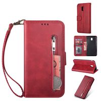 Zipper Wallet Case with Black Dual-use Pen for Samsung Galaxy J7 2018,Aoucase Money Coin Pocket Card Holder Shock Resistant Strap Purse PU Leather Case for Samsung Galaxy J7 2018 - Red