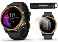 Garmin venu GPS Smartwatch (Black/Gold) Power Bundle | 2019 Model | with HD Screen Protectors (x4) & PlayBetter Portable Charger | AMOLED Display, Spotify
