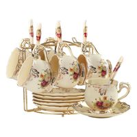 YOLIFE Flowering Shrubs Tea Cups and Saucers Set,Ivory Ceramic Tea Cups Set,Pack of 6 with Golden Metal Rack