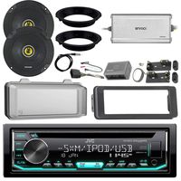 JVC KDR690S CD Receiver Bundle/2 Kicker 6.5" Speaker + Motorcycle Speaker Adapters + Amplifier + Dash Kit W/Radio Cover + Handle Bar Conrol for 98-2013 Harley Davidson + Enrock Antenna