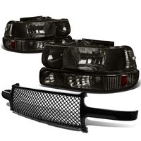 For Chevy SIlverado/Suburban/Tahoe Pair of Smoke Lens Amber Corner Headlight+Black Meshed Front Grille