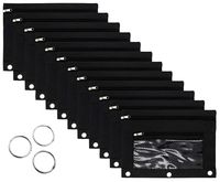 Binder Pencil Pouch with Zipper Pulls,Zipper Pencil Case with 3 Ring and Double Pocket and Mesh Window(Black,12 Packs)