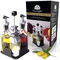 Premium Oil and Vinegar Dispenser Set with Salt Pepper Shakers in Stand - 6oz Drip Free Covered Spout Oil Dispenser Set - 3oz No Leak Lids Shakers - Small Oil Vinegar Set - Bonus Refill Funnel - Black