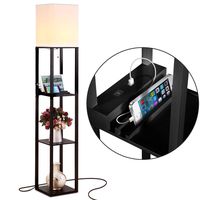 Brightech Maxwell Charger - Shelf Floor Lamp with USB Charging Ports & Electric Outlet - Tall & Narrow Tower Nightstand for Bedroom - Modern, Asian End Table with Light Attached - Black
