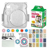 Fujifilm Instax Mini Twin Pack Instant Film (20 Exposures) + Hard Glitter Case (Smokey White) + Scrapbooking Album + Striped Strap + Camera Sticker + Lens Filters + 20 Sticker Frames Travel Package