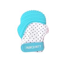 Malarkey Kids Munch Mitt Teething Mitten - The ORIGINAL Mom-Invented Silicone Teether Mitten with Travel Bag - Ideal Teething Toys for Baby Shower Gift - Aqua Polka Dot