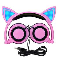 Over-Ear-Headphones, Cuitan Foldable Kids Cosplay Earphones with Glowing Cat Ears Gaming Wired Headband Headsets for iPhone Samsung Mobile Phone PC Computer Mp3 Mp4 for Children Girls Boys - Pink