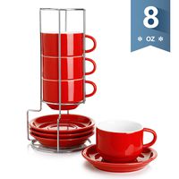 Sweese 406.104 Porcelain Stackable Cappuccino Cups with Saucers and Metal Stand - 8 Ounce for Specialty Coffee Drinks, Cappuccino, Latte, Americano and Tea - Set of 4, Red