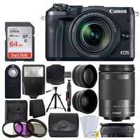 Canon EOS M6 Mirrorless Digital Camera + EF-M 18-150mm f/3.5-6.3 is STM Lens (Graphite) + Wide Angle & Telephoto Lens + 64GB Memory Card + Slave Flash + Wireless Remote + Quality Tripod + Accessories