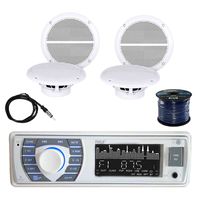 Pyle PLRMR23BTW BT Marine Receiver Stereo(White) with Enrock Marine EM602W Dual 6.5" Weather Resistant Marine Speakers 60W (2-Pairs), Enrock EKMR2 Marine Antenna & Enrock Marine 50' 16G SPKR Wire
