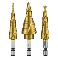 Neiko 10181A Quick Change HSS Titanium Coated Spiral Grooved Step Drill Bit 3-Piece Set | 31 Step Sizes in One Kit