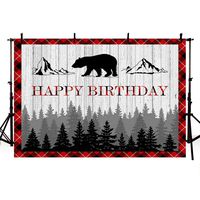 MEHOFOTO Woodland Lumberjack Happy Birthday Photography Backdrop Boy Red Black Plaid Bear Camping Adventure Tribal Party Decoration Banner Wood Pine Trees Photo Studio Background 7x5ft