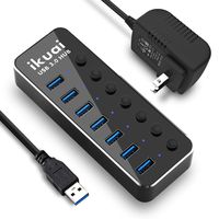 ikuai USB 3.0 Hub 7 Port Powered USB Hub Aluminum USB Splitter with Independent Power Switch and LED and UL Listed 5V/3A Power Adapter