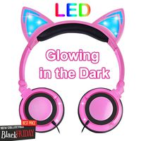 Kids Cat Ears Headphones, Over/On Earphones with LED Battery, Wired Foldable Glowing Headphones for Girls Boys Toddlers, 3.5mm Jack Headset for Phone PC Learning Accessories Holiday Xmas Birthday Gift