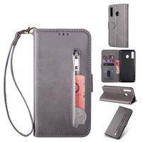 Zipper Wallet Case with Black Dual-use Pen for Samsung Galaxy A20/A30,Aoucase Money Coin Pocket Card Holder Shock Resistant Strap Purse PU Leather Case for Samsung Galaxy A20/A30 - Gray
