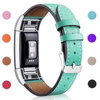 Hotodeal Replacement Leather Band Compatible for Charge 2, Classic Genuine Leather Wristband Metal Connector Watch Bands, Fitness Strap Women Men Small Large (Green- Silver Buckle)