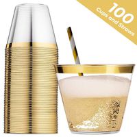 100pcs Disposable Gold Plastic Cup Decoration Transparent Ice Cream Juice Cup for Wedding Birthday Party (Not Included Straw)