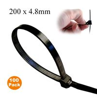 100 x Black Releasable Cable Ties 200mm x 4.8mm Reusable Wire Tidy Zip Wrap Straps