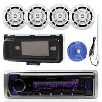 Kenwood KMR-M318BT Marine Boat Audio Bluetooth USB Receiver W/ Protective Cover Bundle Combo With 4x 6.5-Inch 100 Watt 2-Way White Coaxial Speakers + Enrock Radio Antenna + 50 Foot 14g Speaker Wire