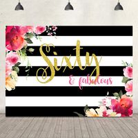 60th Birthday Backdrop for Pictures Sixty and Fabulous Flowers Stripes Background 7x5ft 60 Birthday Party Decorations Fete Date Celebration Accessories Cake Table Banner Adult Photo Video Backdrops