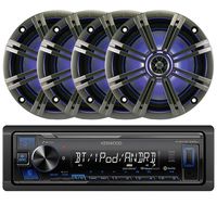 Kenwood KMM-BT225U Single-DIN Digital Media Bluetooth Receiver, 4 x Kicker 43KM654LCW 6.5" KM-Series LED Marine Coaxial Boat Speakers