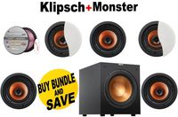 5 Klipsch CDT-5800-C II 8" In-Ceiling Pivoting Speaker + Klipsch R-12SW Powerful 12" 400 watts Subwoofer + Monster - Platinum XP Clear Jacket MKIII 50' Compact Speaker Cable - Clear/Copper Bundle
