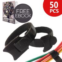 50 Pcs Reusable Cable Ties 8 x 1/2 Inch, Adjustable Cord Straps with Fastening Hook and Loop, Premium Strong Nylon Cable Straps for Organizing Messy Wire, Black - Cable Cord Management E-Book Included