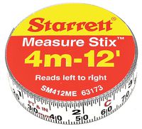 Starrett Measure Stix SM412ME Steel White Measure Tape with Adhesive Backing, English/Metric Graduation Style, Left To Right Reading, 12' (3.65m) Length, 0.5" (13mm) Width, 0.0625" Graduation Interval