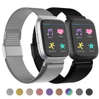 POY Compatible for Fitbit Versa Bands, Replacement for Stainless Steel Mesh Fitbit Versa Lite Bands Metal Strap with Strong Magnet Lock Wristbands for Women Men 2 Packs Silver Black Small