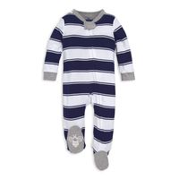 Burt's Bees Baby Unisex Baby Sleep & Play, Organic Pajamas, NB-9M One-Piece Zip Up Footed PJ Jumpsuit, Navy Blue Stripes, 0-3 Months