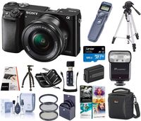 Sony Alpha a6000 Mirrorless Digital Camera 24.3MP SLR Camera (Black) w/16-50mm Power Zoom Lens | Cam Bag + Flash + 64GB Card + Remote Shutter + Extra Battery + Filter Kit + Tripod + PC Software + More