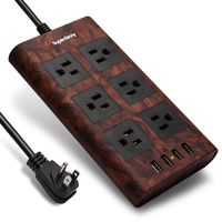 9.8ft 15A Extension Cord Surge Protector Power Strip SUPERDANNY Flat Plug with Fastening Cable Tie 6-Outlet 4 USB Fast Charging, Adjustable Voltage for iPhone iPad Home Office Dark Wood Grain